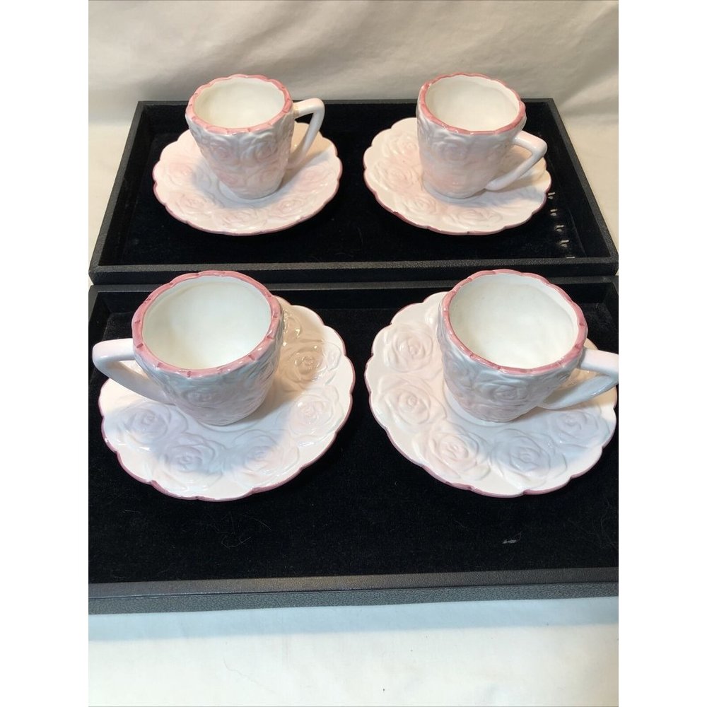 Vintage Style Porcelain Espresso Cups & Saucers set of 4 Roses Pink Rim NEW